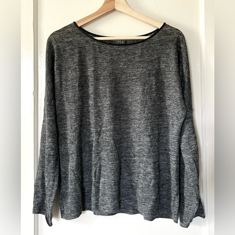 Vince Slub Linen Genuine Leather Trim Long Sleeve‎ Gray Black S